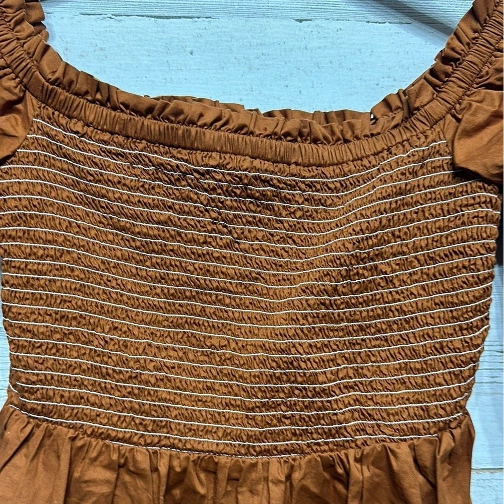 Old Navy Smocked Peplum Top Women Size S Rust‎ Brown Puff Sleeve EUC